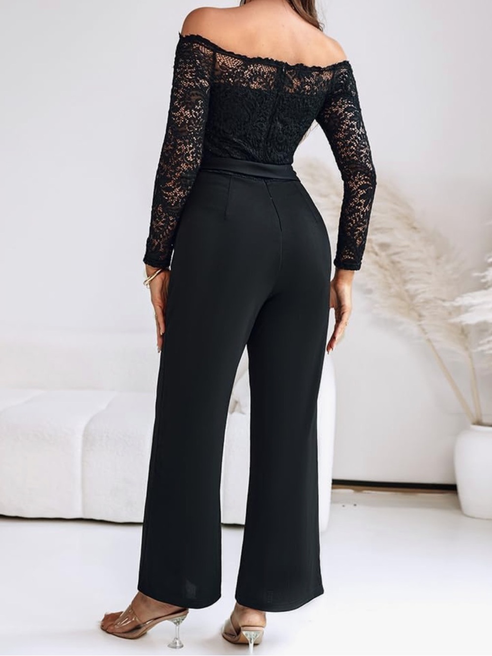 Black Off-Shoulder Lace Trim Jumpsuit One Piece - straight leg Pants (M) in - Picture 3 of 4